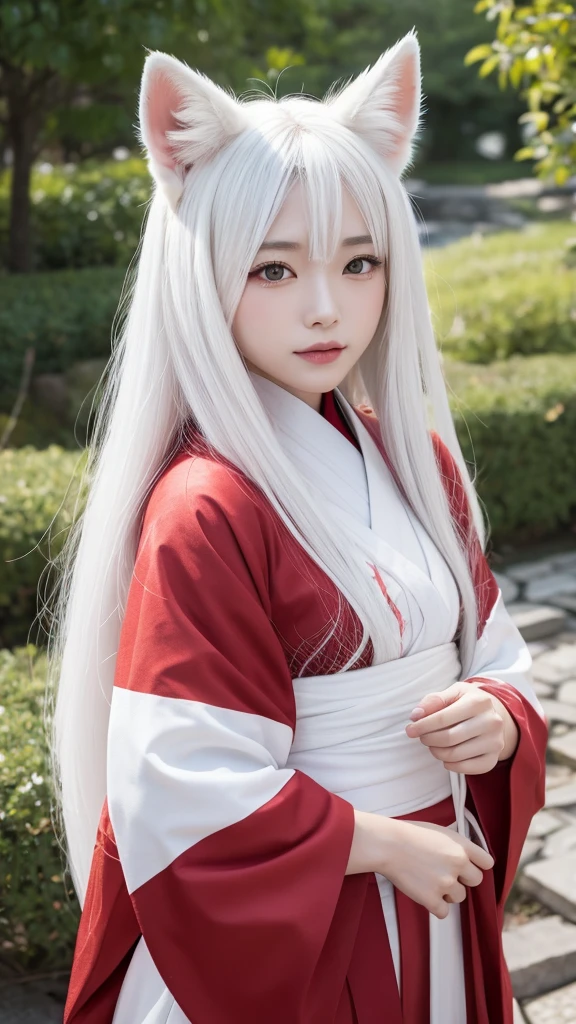 White Demon Fox、Nine-tailed Fox、Japanese women、kimono、Fair skin、Red lines on face、8K、I have long hair