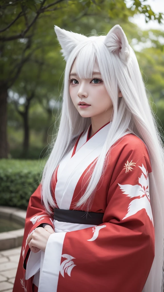 White Demon Fox、Nine-tailed Fox、Japanese women、kimono、Fair skin、Red lines on face、8K、I have long hair
