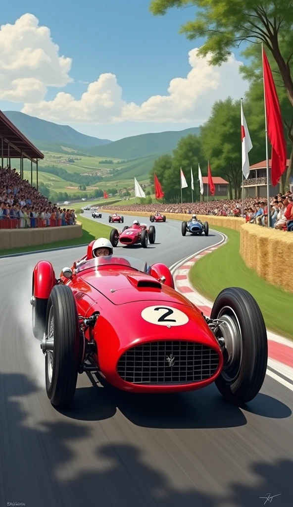 A historical racing scene featuring the Ferrari 125 S on the track, demonstrating its early racing success.