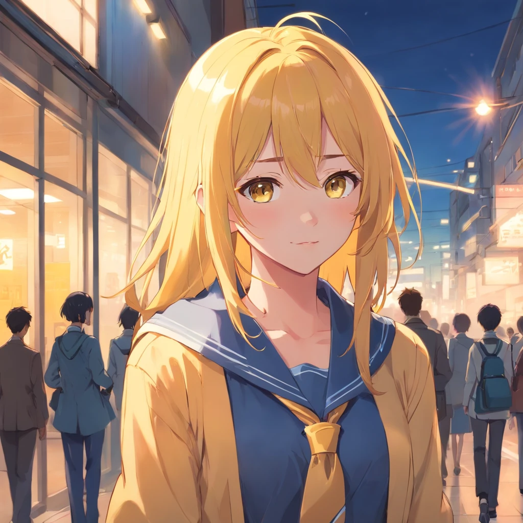 Manhwa Art, Female, Cute and Beautiful Features, Tall, Hot and Sexy, Yellow hair, Background School, School Uniform, Seductive looks, Front, looking like she's interested in someone