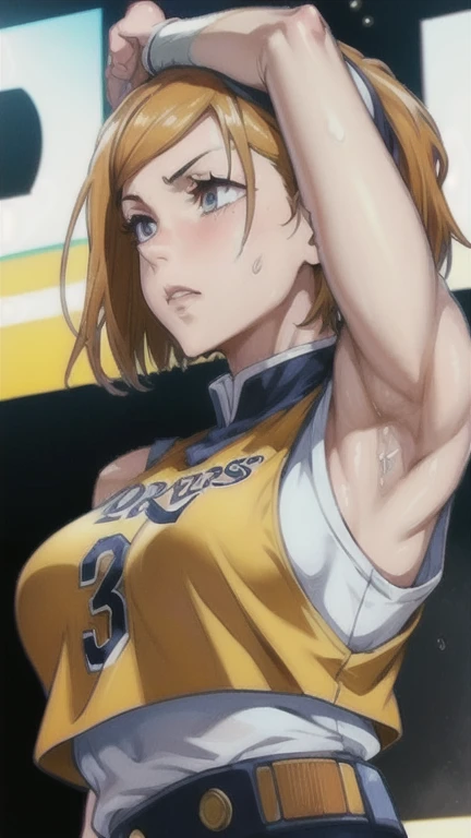 A close-up of a person wearing a basketball uniform, a picture, inspired by Kentaro Miura, trend on pixiv, Kugisaki Nobara, Jujutsu Kaisen, wearing the yellow NBA jersey, yellow nba crop top t-shirt, wearing a low cut crop top, Using croptop, croptop, The word "Lakers" On top, Lightning Dorado, (flicker), Shirobako, big)}], favorite scene, fine details. cheered up. Skins, perspiration, pechos bigs, Both hands raised, armpits, armpits visible, Dripping sweat, more sweat, sweaty armpits