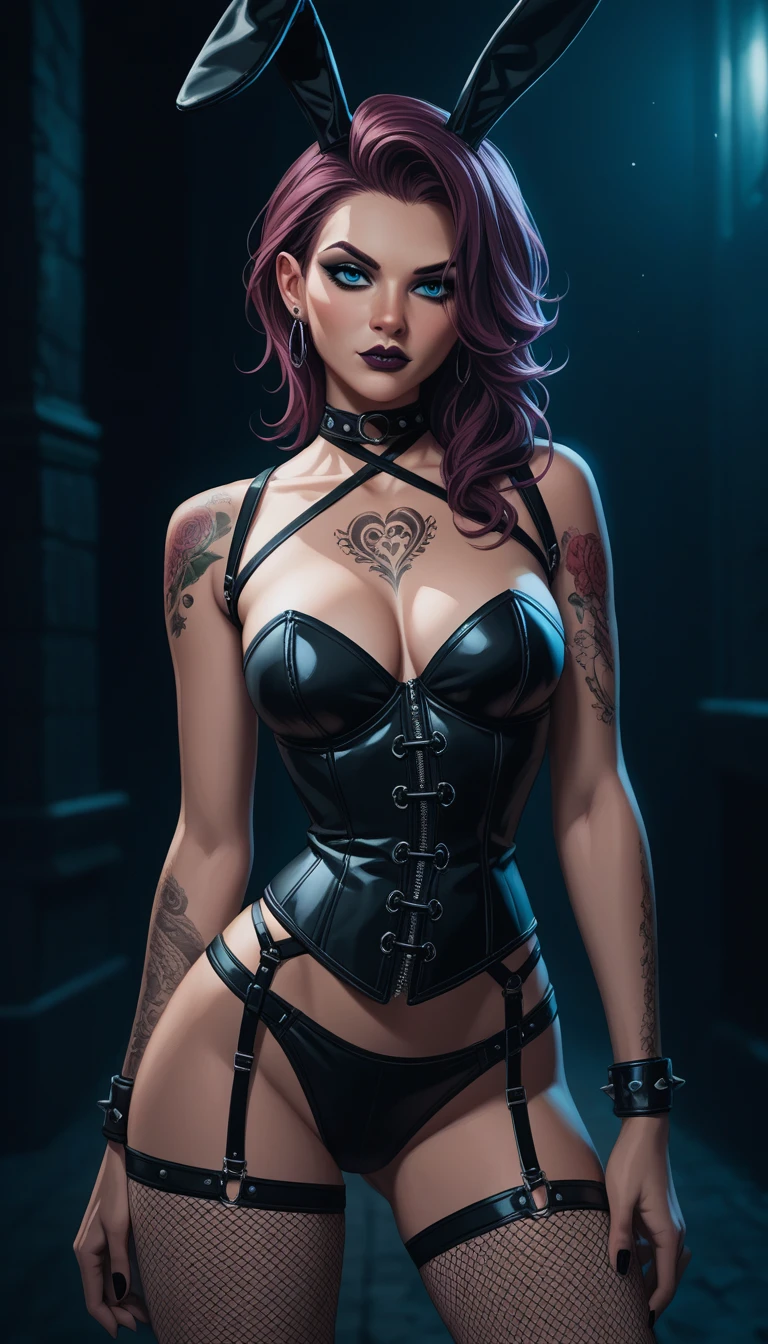 score_9, score_8_up, score_7_up, score_6_up, score_5_up, score_4_up, BREAK source_anime, source_anthro, [rating_safe], rating_explicit,

a curvy goth bunny girl with big blue eyes, intricate tattoos, wearing a black leather corset and fishnets, posing seductively in a dark fantasy environment, cinematic lighting, deep rich colors, highly detailed, photorealistic, 8k