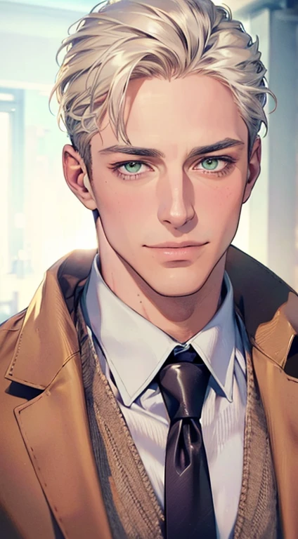 (Highest quality,4K,8K,High resolution,masterpiece:1.2),Super detailed,(Realistic,photoRealistic,photo-Realistic:1.37),1 personld,Mature Men,Beautiful skin、very handsome,Expressionless smile in love,Short white hair,green eyes,Sharp Eyes,A perfect face without a doubt,Businessman, CEO, Office Background,Cinema Lighting,HDR image,tie、