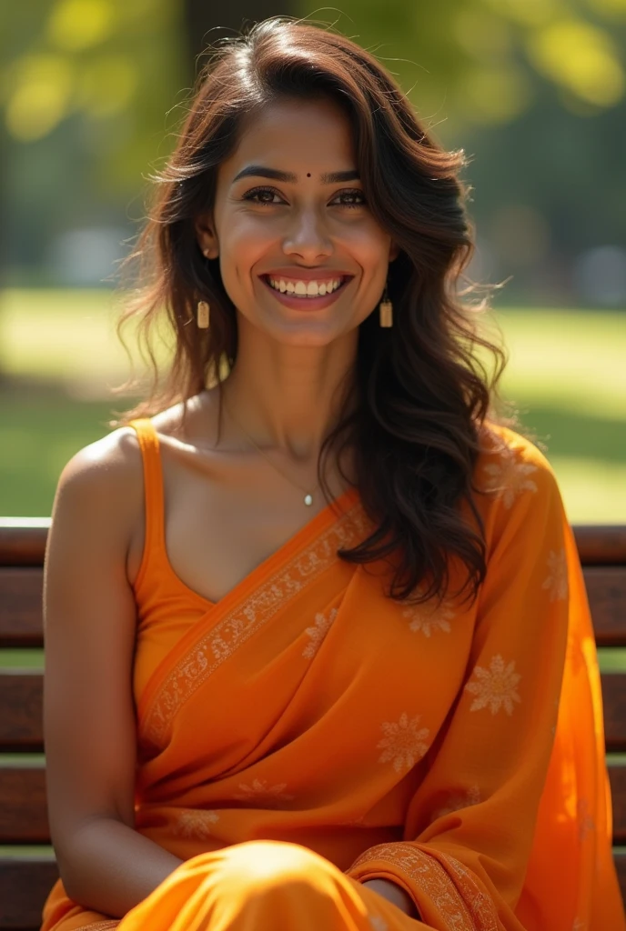 ((best quality)), ((masterpiece)), (detailed), Beautiful indian girl in orange light color saree. Close up photo to viewer, cinematic:1.3, realism, 5'2" height, beautiful lip, beautiful-cute brown eyes, beautiful thin wavy medium french styling brown hair, attractive neck, fair Chocolaty skin, beautiful strong cheekbones, medium height, skinny thin body shape, kind face, confident pose in the outside of park sitting on chair at afternoon sunrise, smiling: 0.8, ponytail:0.5, deep shadow.
