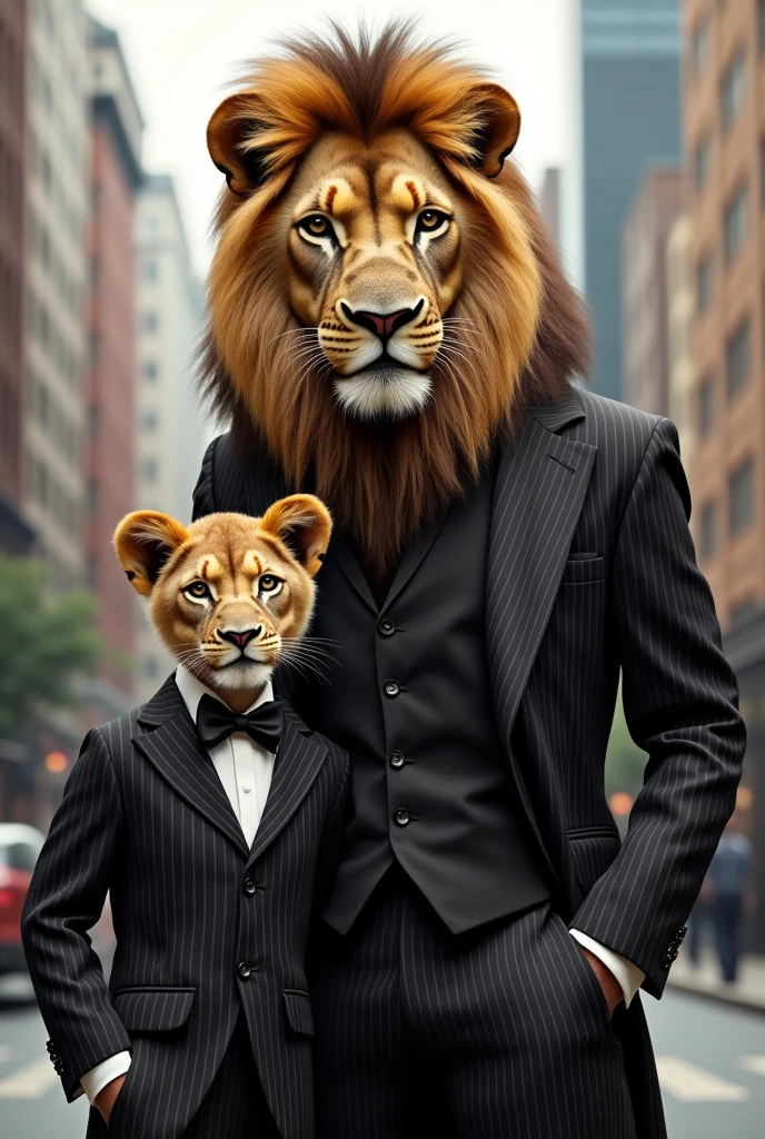 Adult lion and baby lion both in suit realistic image