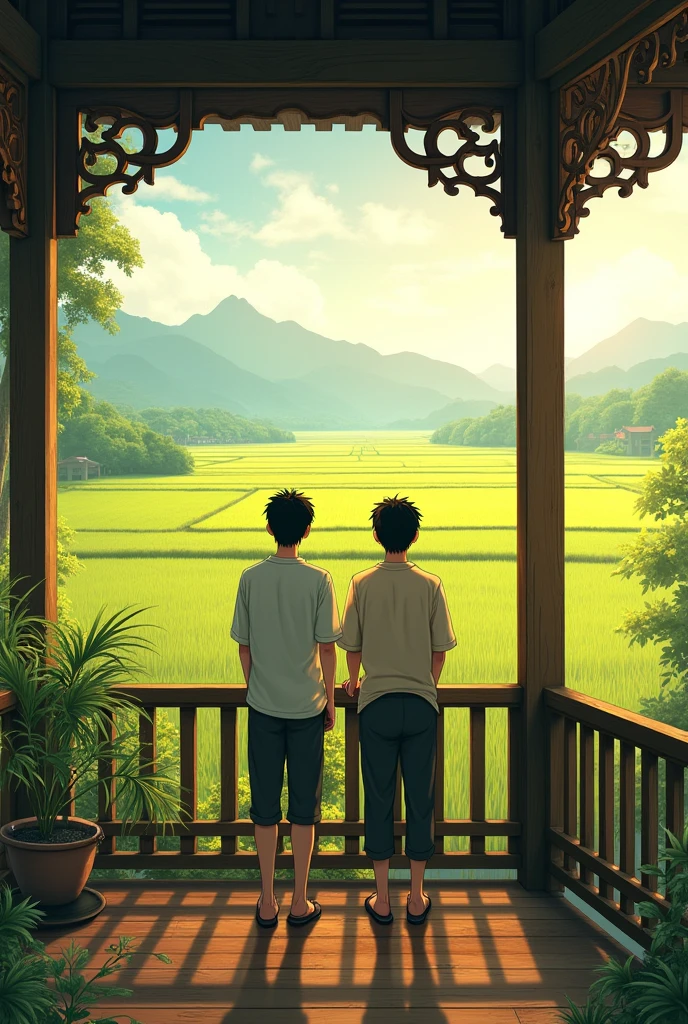 2 brother and brother standing on the balcony watching the rice fields