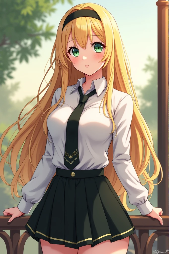 Beautiful anime girl with long, loose blonde hair with soft waves. His eyes are emerald green without pupils. He is 1.90 m tall and has an athletic and toned build. Their skin tone is white and their face shape is oval or heart-shaped, with defined cheekbones and a soft jawline. Mey wears a white school shirt with a black men's tie with elegant touches, a short skirt and a headband that wraps her hair. She has very huge and very sexy breasts
He depicted Mey in an anime style, maintaining the characteristic features of this style, such as large expressive eyes, the use of bright colors. and her body has very sensual and beautiful curves