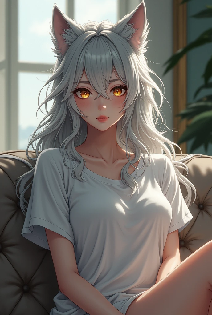 Demi-Human, wolf, female, Long silver hair is a little messy, Gold eyes, anime, white skin, white t-shirt, Clothes are loose, sit on the couch, ages 25