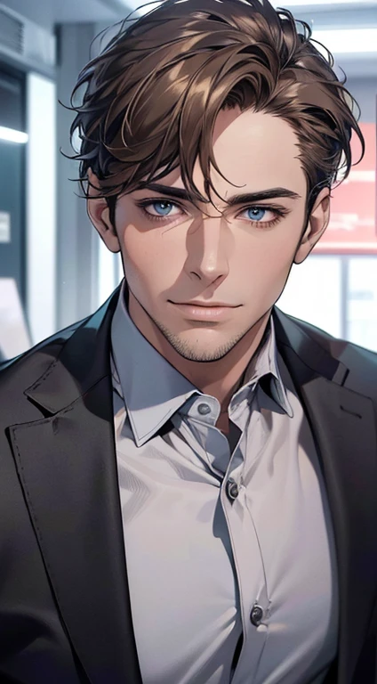 (best quality,4k,8k,highres,masterpiece:1.2),ultra-detailed,(realistic,photorealistic,photo-realistic:1.37),1 man,3,mature man,very handsome,without expression,smile,short grey brown hair,blue eyes,penetrating gaze,perfect face without errors,imposing posture,businessman,office background,cinematic lighting,hdr image