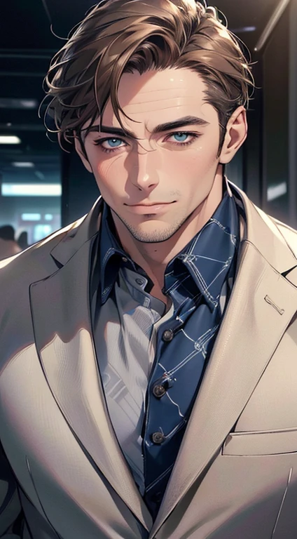 (best quality,4k,8k,highres,masterpiece:1.2),ultra-detailed,(realistic,photorealistic,photo-realistic:1.37),1 man,3,mature man,very handsome,without expression,smile,short grey brown hair,blue eyes,penetrating gaze,perfect face without errors,imposing posture,businessman,office background,cinematic lighting,hdr image