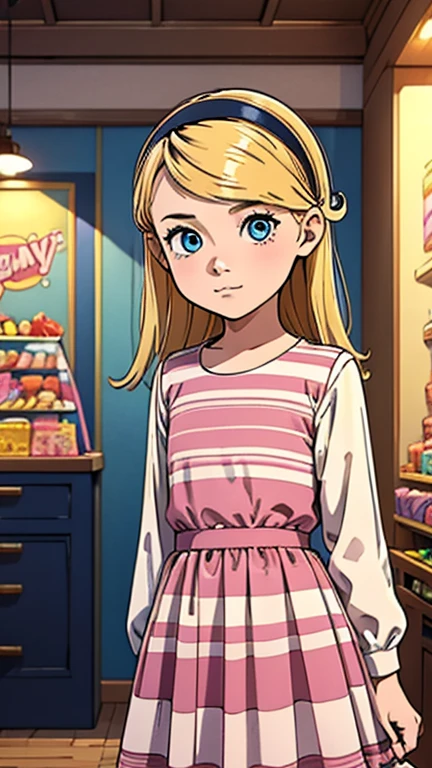 (1girl, child, penny peterson), (extremely detailed CG unit 8k wallpaper),(master part), (best quality), (ultra detail), (best illustration),(candyland), cowboy shot, (Sharp eyeliner, ombre, detailed eyes:1), at the front of candy display, indoor, full background, break , (Tsukasa-Hojo-Style), upper body, blonde hair, hairband, blue eyes, pink dress, white shirt, long sleeves, layered dress, striped dress,    