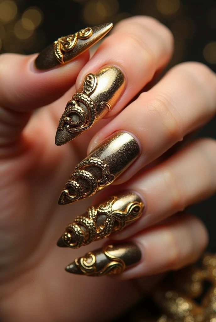 Make me nails inspired by gold snakes and 3d accents
