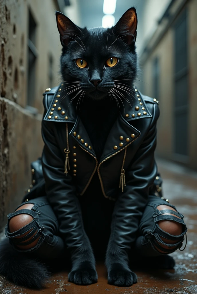 black cat dressef in black jacket with studs and black tattered jeans in jail