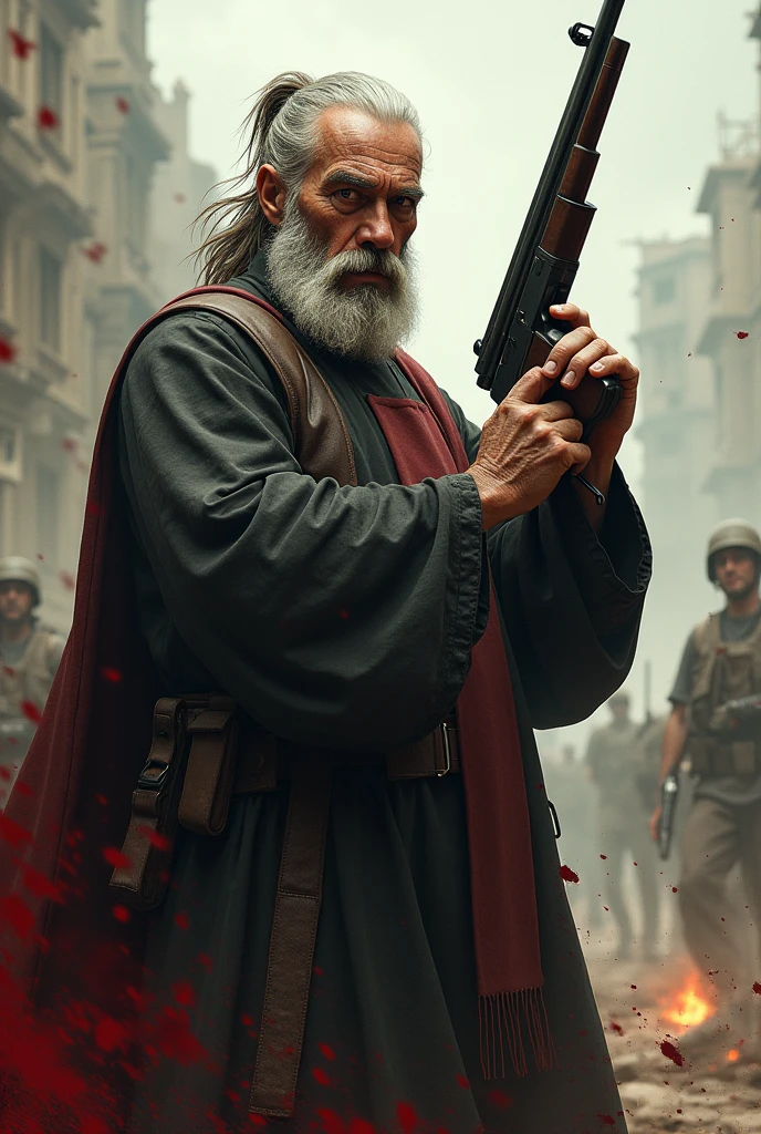 An old and badass church father with short beard wearing a ponytail and church robe who is also drenched in blood holding a thompson drum mag gun