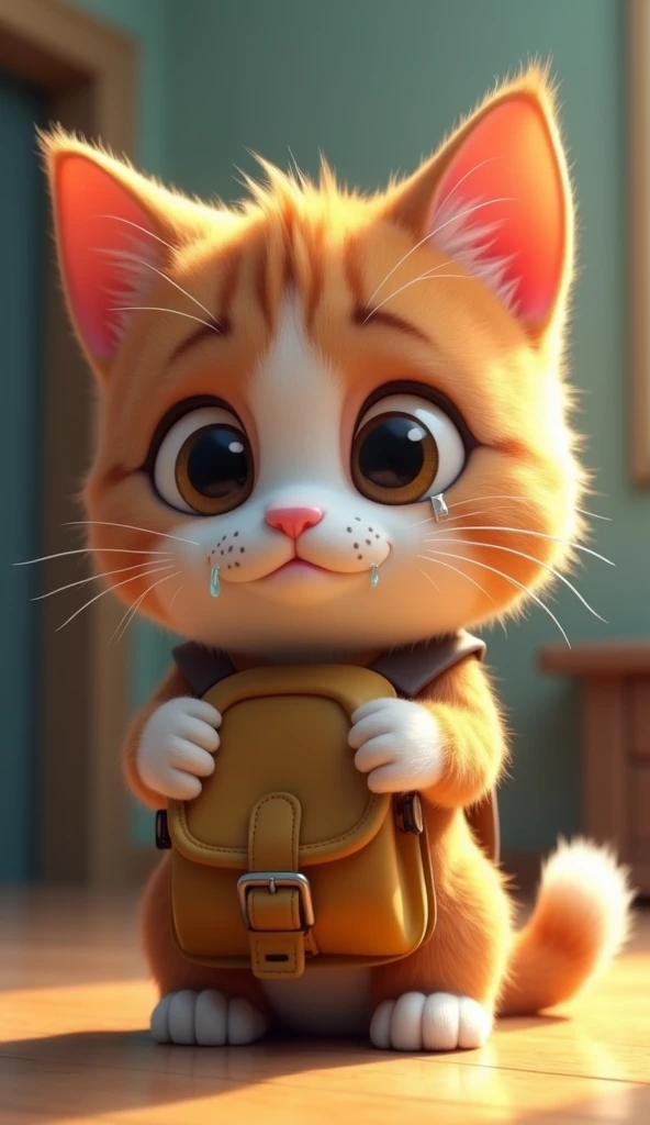 best quality, masterpiece, raw photo, 8k,uhd,cartoon,3d, TSLoP, a cute brown and white cat in disney style wear a school bag wet cat hugged his face and cried