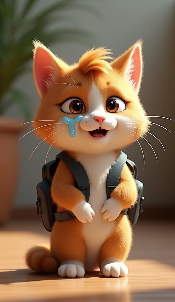 best quality, masterpiece, raw photo, 8k,uhd,cartoon,3d, TSLoP, a cute brown and white cat in disney style wear a school bag wet cat hugged his face and cried