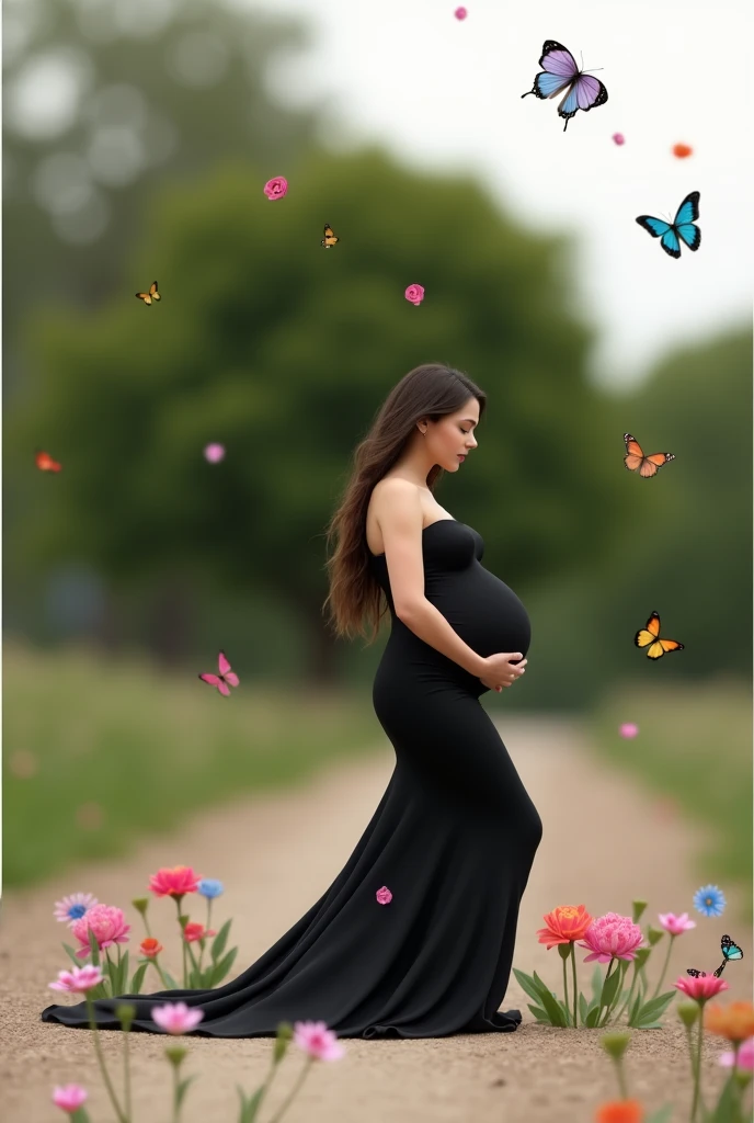 pregnant woman in a black gown surrounded by flowers and realbutterflies, a colorized photo by Elena Guro, trending on cg society, conceptual art, blue and pink colors, blue and pink color scheme, blue and pink, maternal photography 4 k, pastel blues and pinks, pink and blue colors, pink and blue colour, blue and pink colour splash, pink and blue