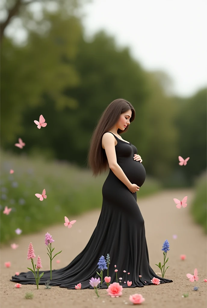 pregnant woman in a black gown surrounded by flowers and realbutterflies, a colorized photo by Elena Guro, trending on cg society, conceptual art, blue and pink colors, blue and pink color scheme, blue and pink, maternal photography 4 k, pastel blues and pinks, pink and blue colors, pink and blue colour, blue and pink colour splash, pink and blue