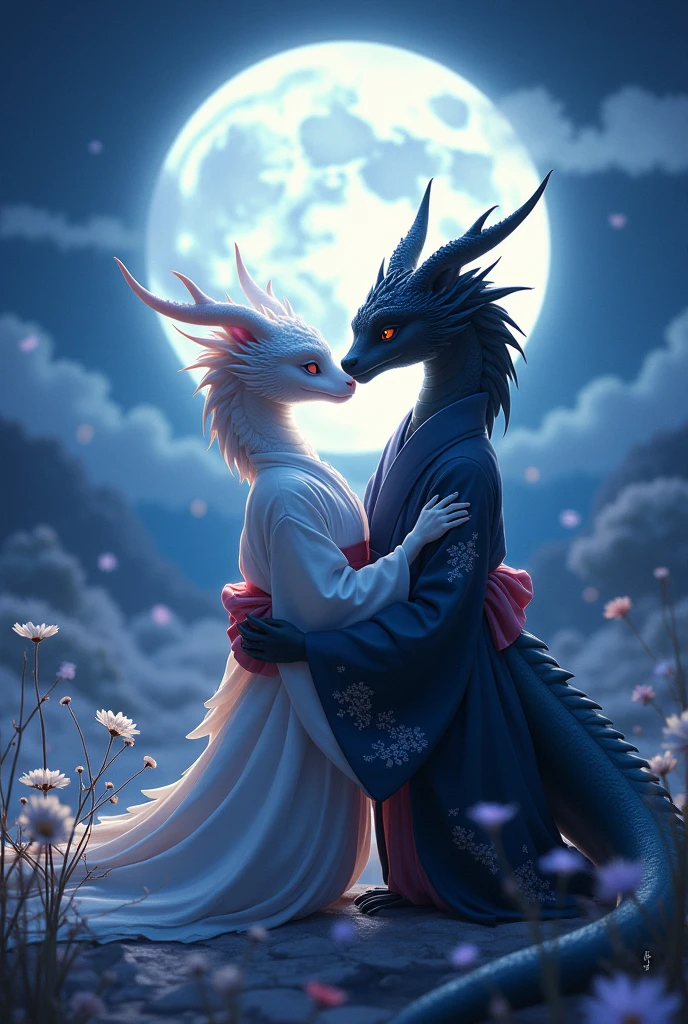 Light Fury and Nightfury dragons wearing yukatas hugging eachother in their robes staring into their eyes underneath theq moonlight