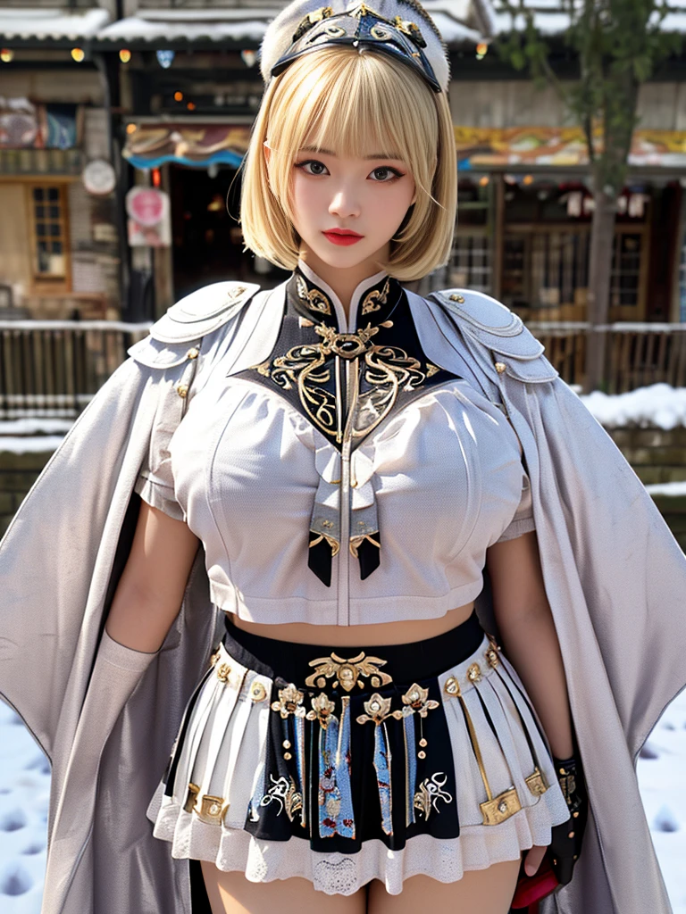 Very beautiful woman、Slender women、(Detailed face)、Realistic Skin、((holy knight)), ((Pearl White Armor))、((((Black armor with very fine and intricate decoration:1.1))))、((Delicate photo))，(Girl Astepeace RAW Photo Details:1.25), (highest quality:1.6), (超A high resolution:1.5), (Realistic:1.75), 8K resolution, Canon EOS R5, 50mm, Absurd, Ultra-detailed,Cinema Lighting,((battlefield))、((battle))、(((White skirt with embellishments)))、Thigh-high socks、Shin Guards、((Blonde))、((Curly Hair))、((Drill Hair))、((Wavy short hair with bangs,))、Get six-pack、Cape、Beautiful Armor、(((Has a huge weapon)))、(In combat)、The wind is blowing、((Symmetrical Armor))、((((Blizzard))))、(((Leading a large group of knights:1.2)))、Banner、(((Battle Scene)))、((nsfw:1.2))、(((I can see her panties:1.4)))、、((windy SkirtLift))