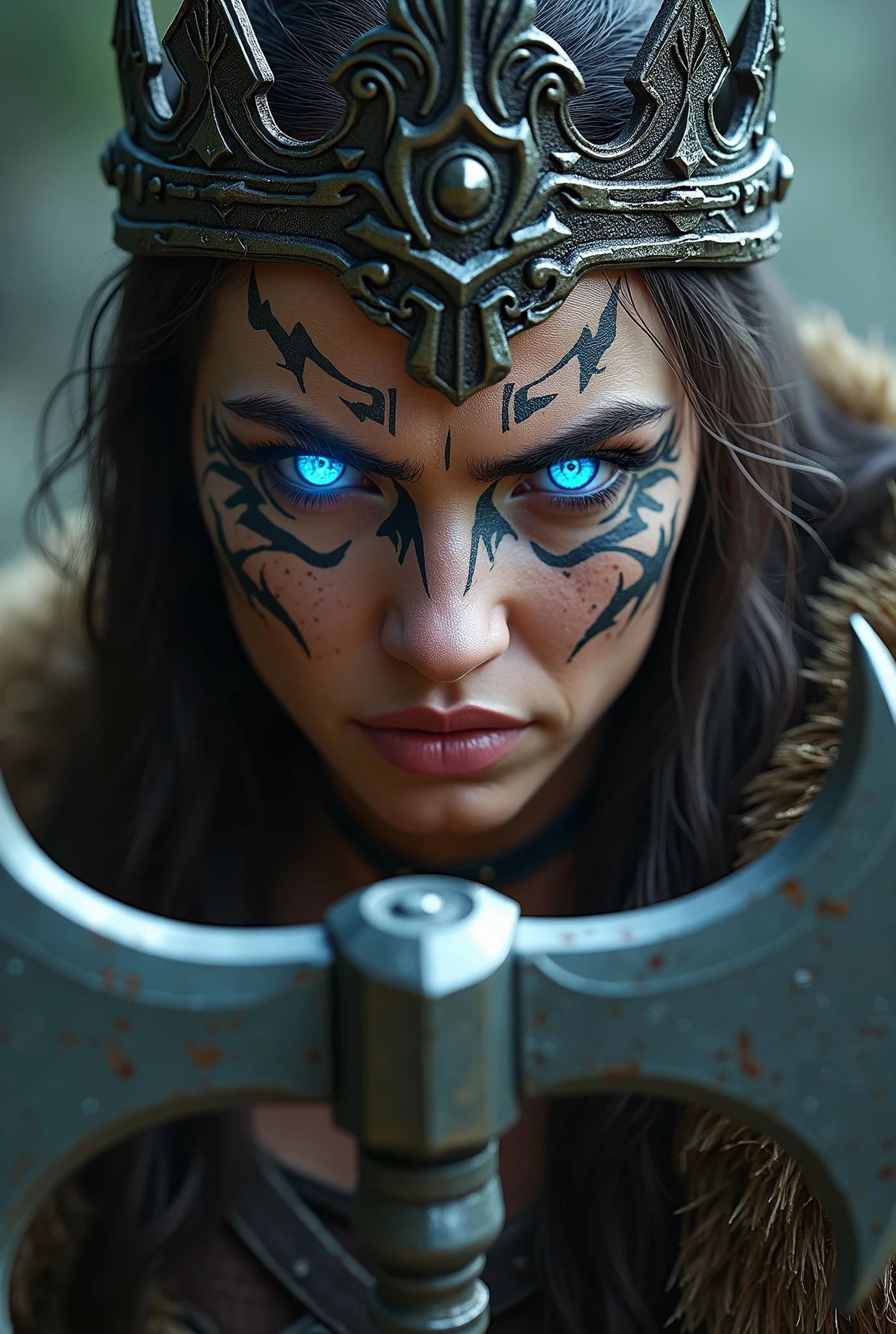 Viking warrior close-up, axe on display, Woman, blue eye with lightning, big queen crown on the head , tribal tattoo on face, Angry