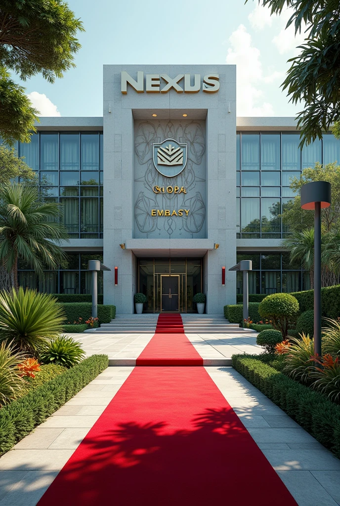An image of a Corporate embassy  put the words Nexus Global Embassy I want it to have the words Nexus Global  Embassy on a concrete.The building has its own compound that is extremely developed with grass, trees and flowers Singaporean architecture expose the words Nexus Embassy with red carpets covering the whole entrance 