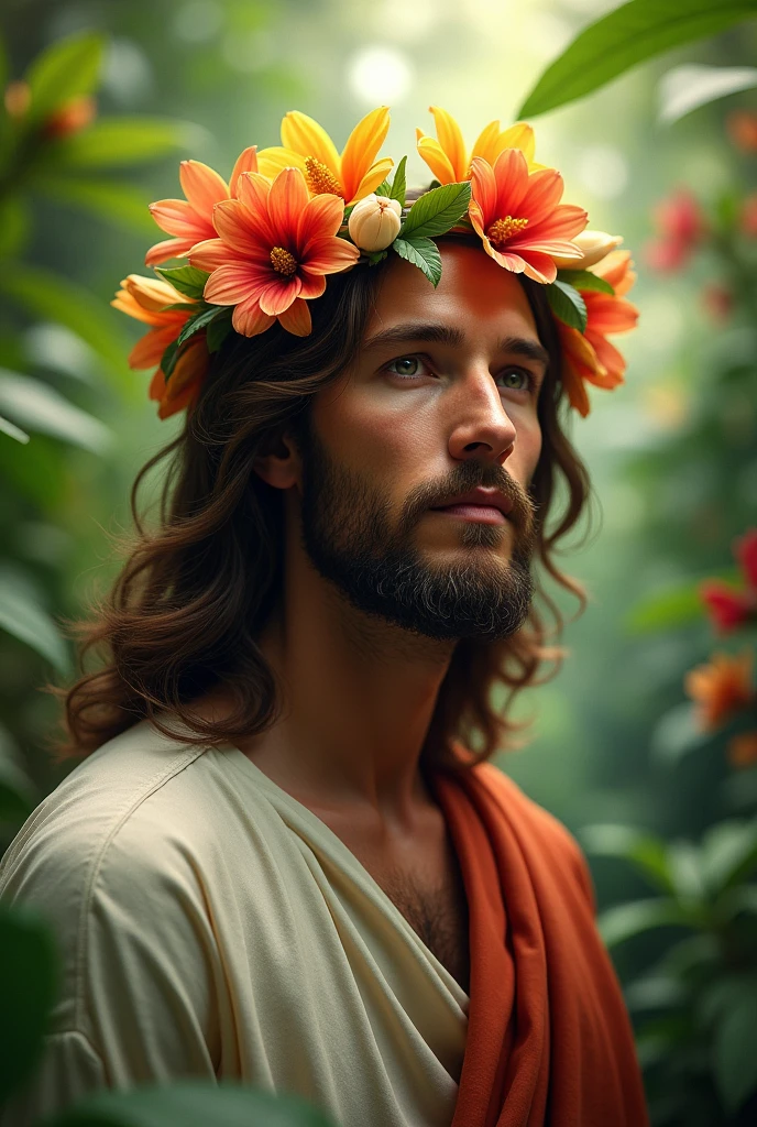Jesus in a tropical garden with a crown of flowers on his head
