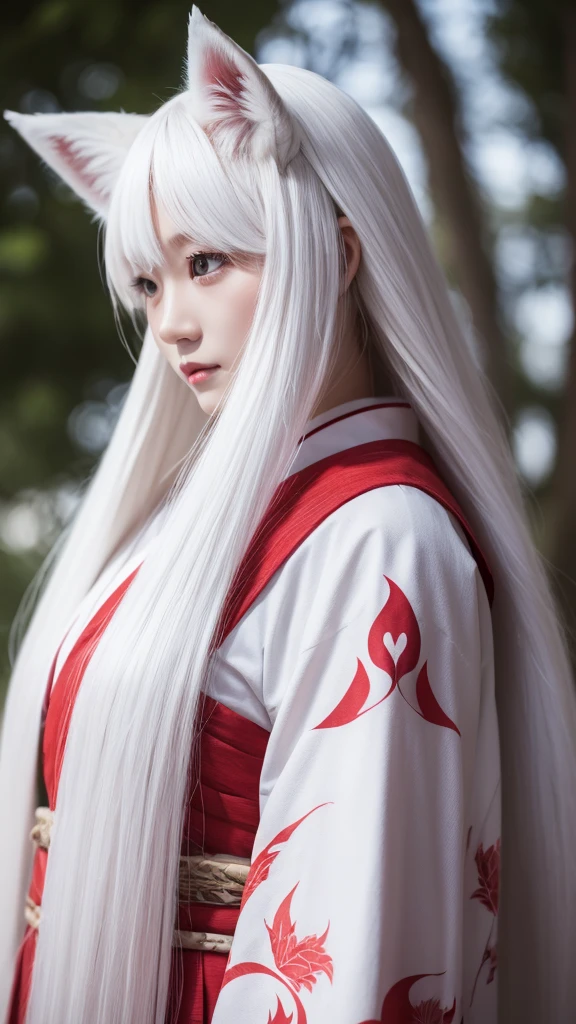 White Demon Fox、Nine-tailed Fox、Japanese women、kimono、Fair skin、Red lines on face、8K、I have long hair