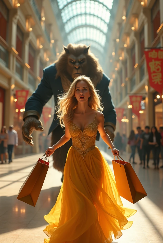 blonde princess running with shopping bags and the beast behind her inside the mall