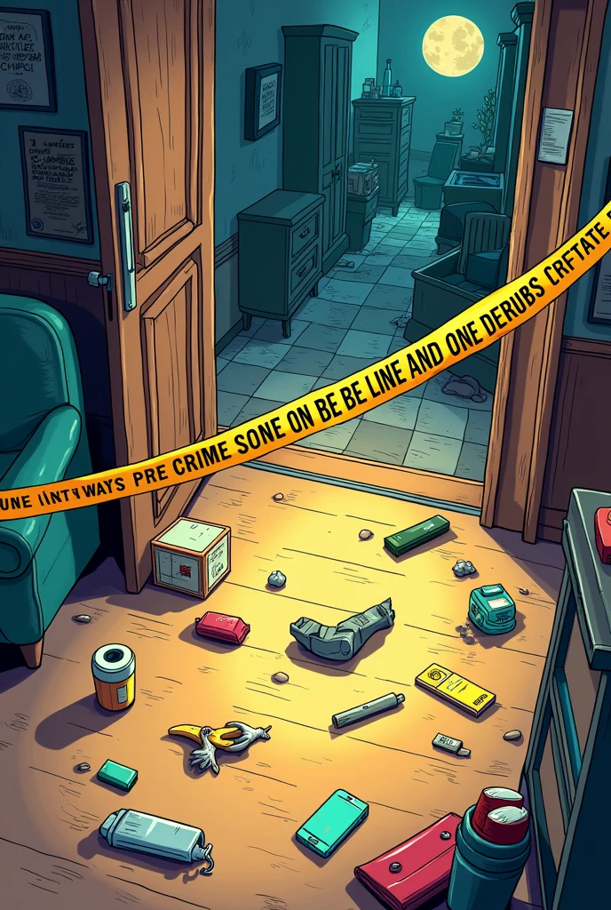 Pictures of clue that is the evidence that are there in the crime scene for the detectives in cartoon form
