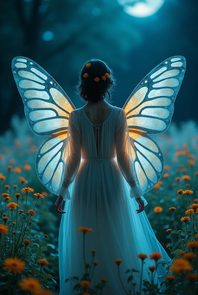 A beautiful photography woman, wearing beautiful robes made from luna moth wings and silver leaves, surrounded by moonflowers at night in the style of film set and in the style of clean shapes. Fantasy, dreamlike, surrealism, vibrant colors, cinematic lighting, cinematic composition, dramatic scene, 50mm, f2.8 