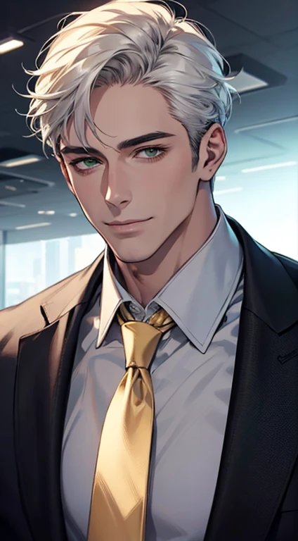 (Highest quality,4K,8K,High resolution,masterpiece:1.2),Super detailed,(Realistic,photoRealistic,photo-Realistic:1.37),1 personld,Mature Men,Beautiful skin、very handsome,Expressionless smile in love,Short white hair,green eyes,Sharp Eyes,A perfect face without a doubt,Businessman, CEO, Office Background,Cinema Lighting,HDR image,tie、