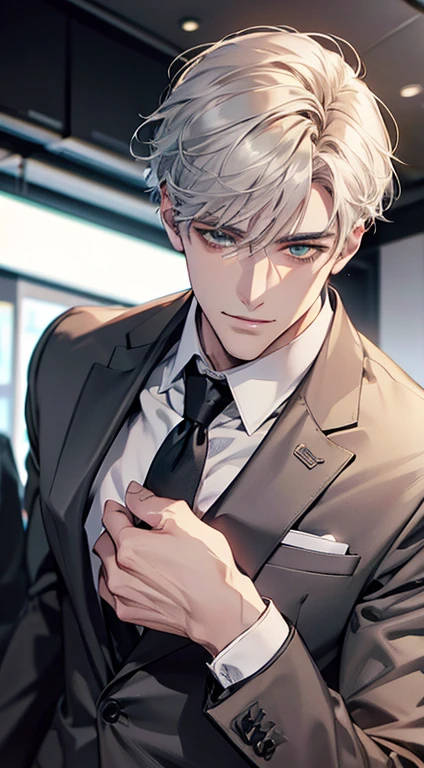 (Highest quality,4K,8K,High resolution,masterpiece:1.2),Super detailed,(Realistic,photoRealistic,photo-Realistic:1.37),1 personld,Mature Men,Beautiful skin、very handsome,Expressionless smile in love,Short white hair,green eyes,Sharp Eyes,A perfect face without a doubt,Businessman, CEO, Office Background,Cinema Lighting,HDR image,tie、