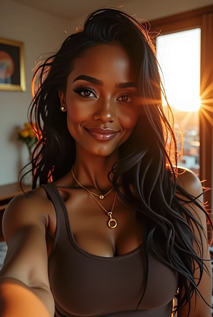 hyper realistic portrait of skai Jackson, 1, with long flowing black hair and brown eyes. She should have a natural, approachable expression and be lit by soft, golden light, canon eos r5, raw format, full body, sunset view in a French apartment, center selfie