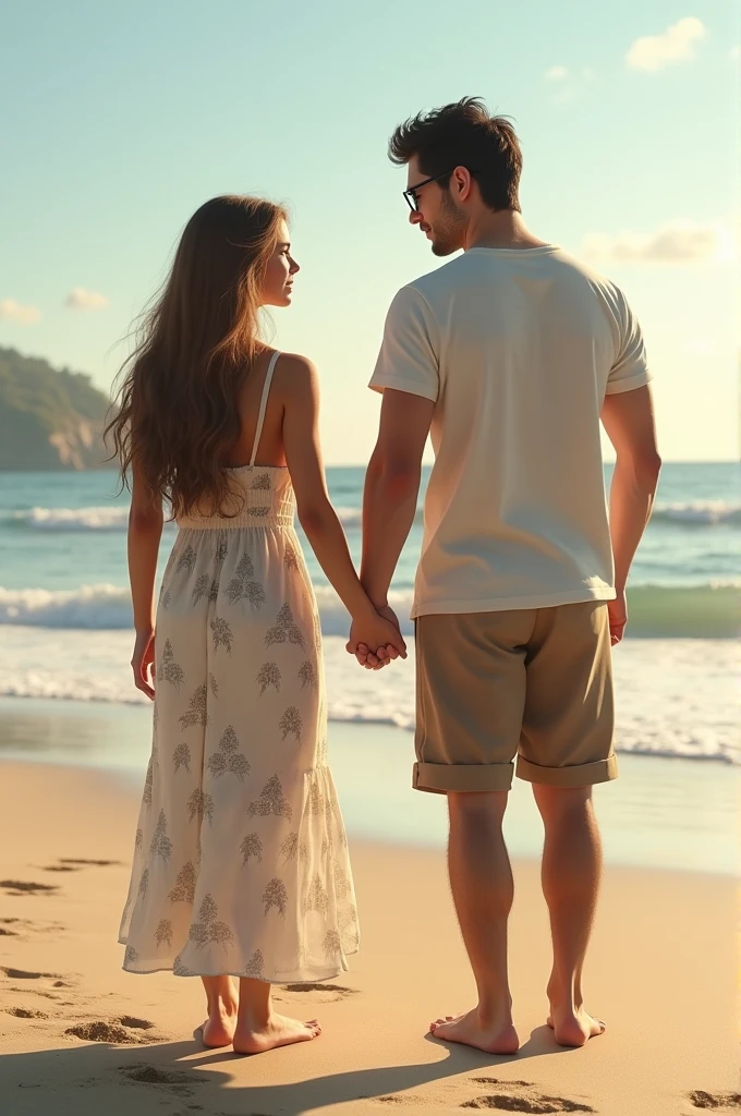 (photo realist)
two couples together on the beach, one of them is a girl with long light brown hair holding hands with another long-haired blonde. And the other couple is a white man, tall and strong, short black hair, wearing square glasses next to a woman with long black hair with blonde tips. Everyone is on the beach