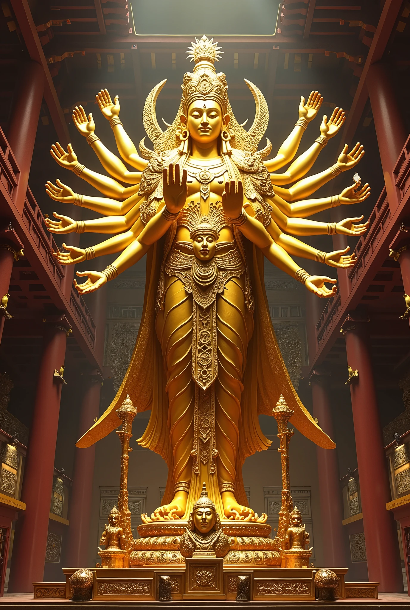Golden statue of sahasrabhuja enshrined in the main hall of a temple in Kyoto, one golden statue, multiple arms, clothes,
Masterpiece, Best Quality, Ultra high Detailes, intricate details
