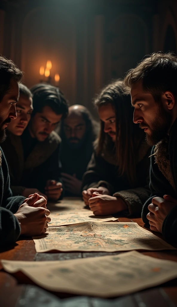 Close-up shot, Low angle shot, (A tense, shadowy scene in a darkened chamber where a group of conspiring nobles, dressed in dark, rich robes, huddle together, whispering with scheming expressions. The room is dimly lit, with only a few candles casting flickering light on their faces, highlighting their devious intentions. The background shows maps and documents scattered on a large wooden table, with a sinister atmosphere of betrayal and plotting.) unreal engine, cinematic, hyper-real, highly detailed, Ultra realistic HD --q 2 --v 6.1 --ar 9:16  