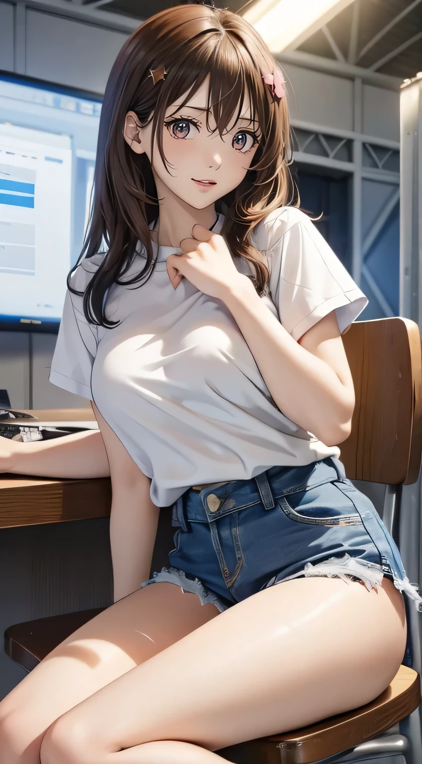 woman、one person、I was so moved by the screen that I cried., Young woman with long black hair, (Ample breasts). He is wearing a short-sleeved white T-shirt and denim shorts, Sitting on a chair in a TV studio. ((She answers in an interview))、The camera is taking a profile shot. Studio lighting can be seen in the background.