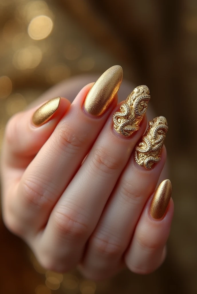 Make me nails inspired  by gold snakes and 3d accents