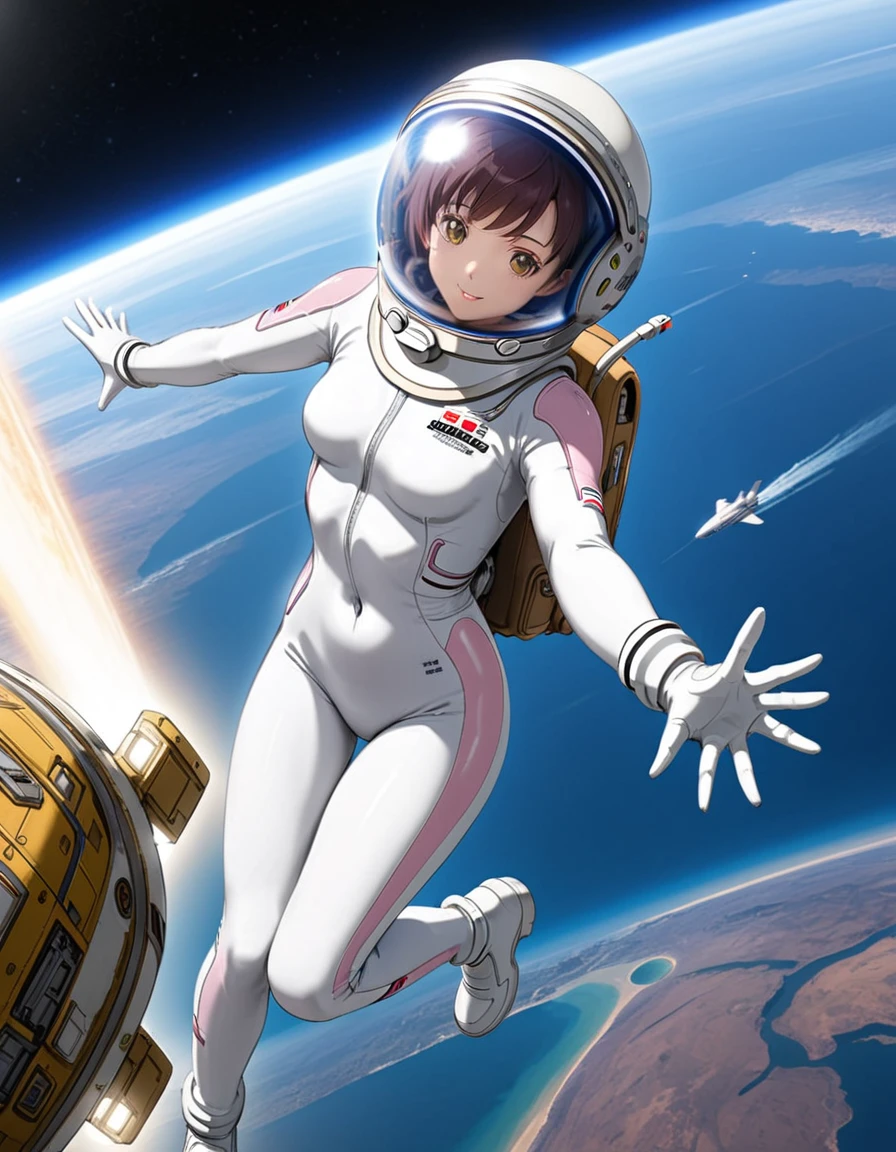 (Spacesuit:1.15), White Cargo Pants, Space Helmet , , Spacewalk, masterpiece, Highest quality, One person, One personで, short hair, , , , Bodysuits,Gloss,Backpack\, baburuherumetto, short hair, (Spaceship:1.6), , smile,Covered navel, short hair, In other words、Ace,slim,Small breasts,From above
