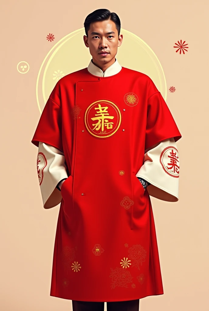 Let&#39;s start with a basic idea:

Cor base: vermelha, representing luck and energy.
detaileds: offwhite, used on the sleeves, Naked, and some graphic elements, to create a clean contrast.
A golden logo or symbol, symbolizing prosperity and prestige.
Round collar and some element that refers to oriental culture Simple Normal collar and short sleeves