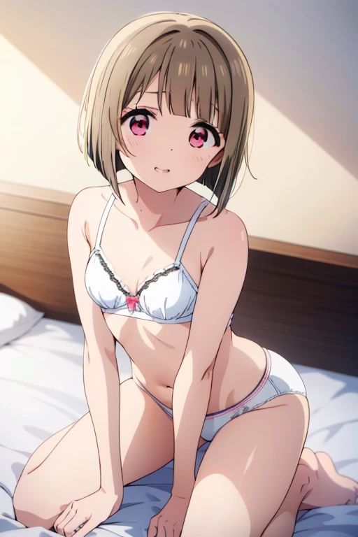 nakasu kasumi、Nijigasaki Gakuen、Bobcut、ワンレングスBobcut、Yellow-brown hair、short hair、Asymmetrical hair、Long left bangs、Red Eye、Bedroom、On all fours、White bra、White panties、Small breasts、cute、ultra hi resolution picture、Detailed Background、looking at the camera、In underwear