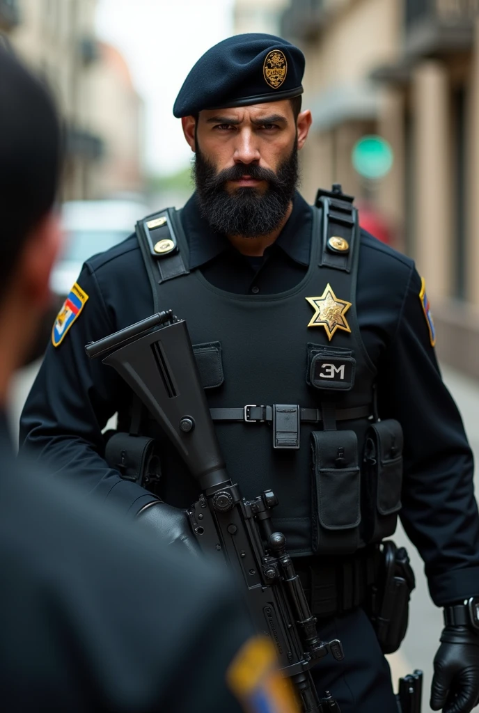 Young, strong, bearded Puerto Rican police officer, in black military police tactical uniform, Lottery, Special Operations, boina preta, rifle in hand, talking approaching one on the street.