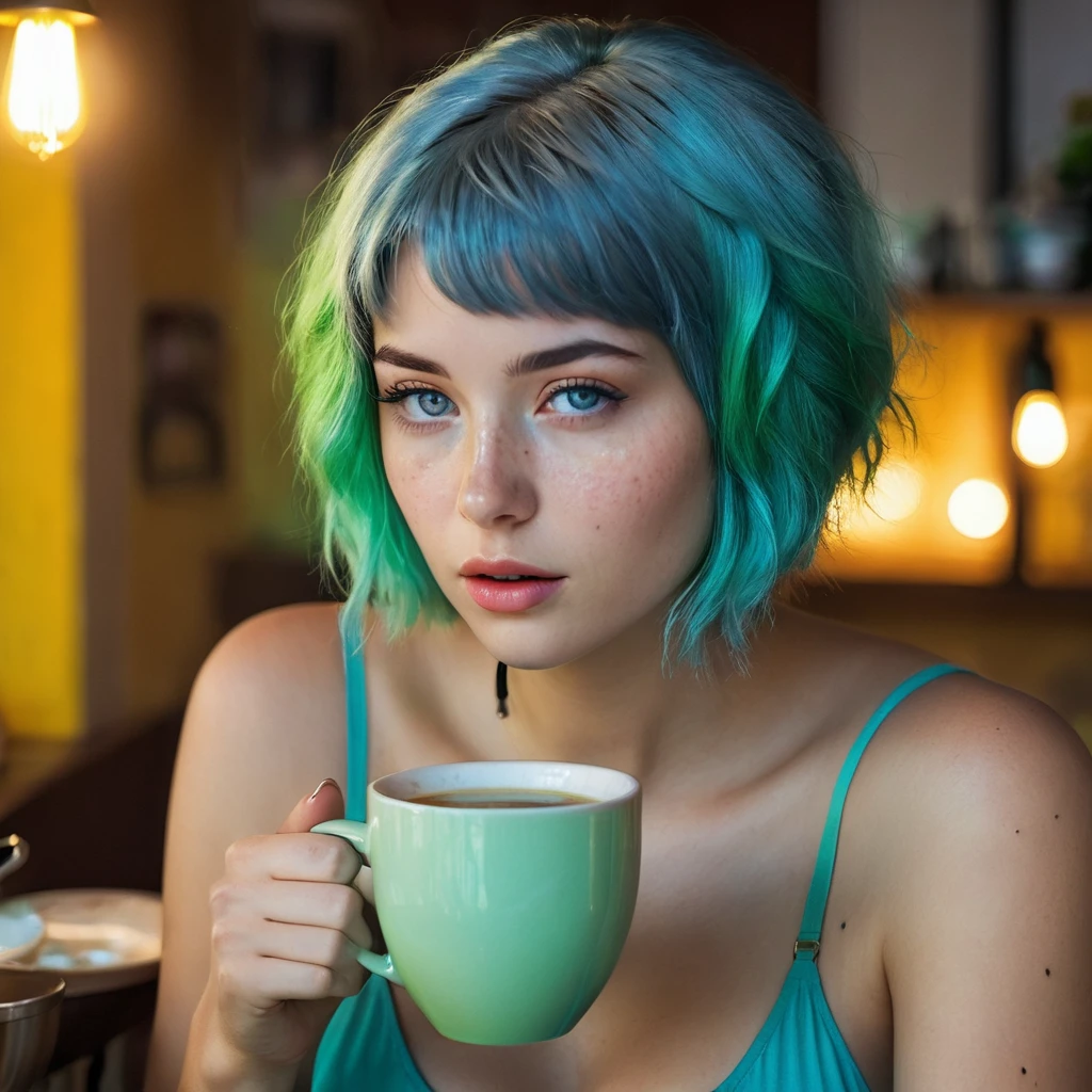 Woman 20 Years Old Nordic Ethnicity, short blue hair with a perfect face and light freckles, Blue-Green Eyes, A slightly mysterious shot of NovaiBrew sipping coffee, her eyes half-closed in a moment of indulgence. The setting could be a café or her home, with dim, warm lighting.((Color palette - turquoise, neon green, yellow shades))
