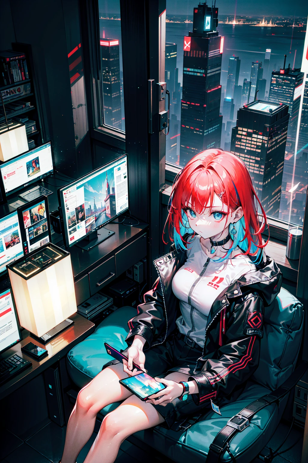 {{masterpiece,highest quality}}, highest quality, delicate background,delicate face,super delicate,Ultra-fine CG Unity,8k wallpaper, Lens flare, (Colorful:1.5),buckshot,detailed beautiful eyes,20 year old woman,send hair,cool face,((red hair)),glowing blue eyes, big earrings,over, jacket,cyberpunk,hologram,Neon lights flying around,night scene,perfect human body structure,roof of the building,Sit on the steel frame,stare at the building,Shining buildings,cyberpunk city,From above,from far away,