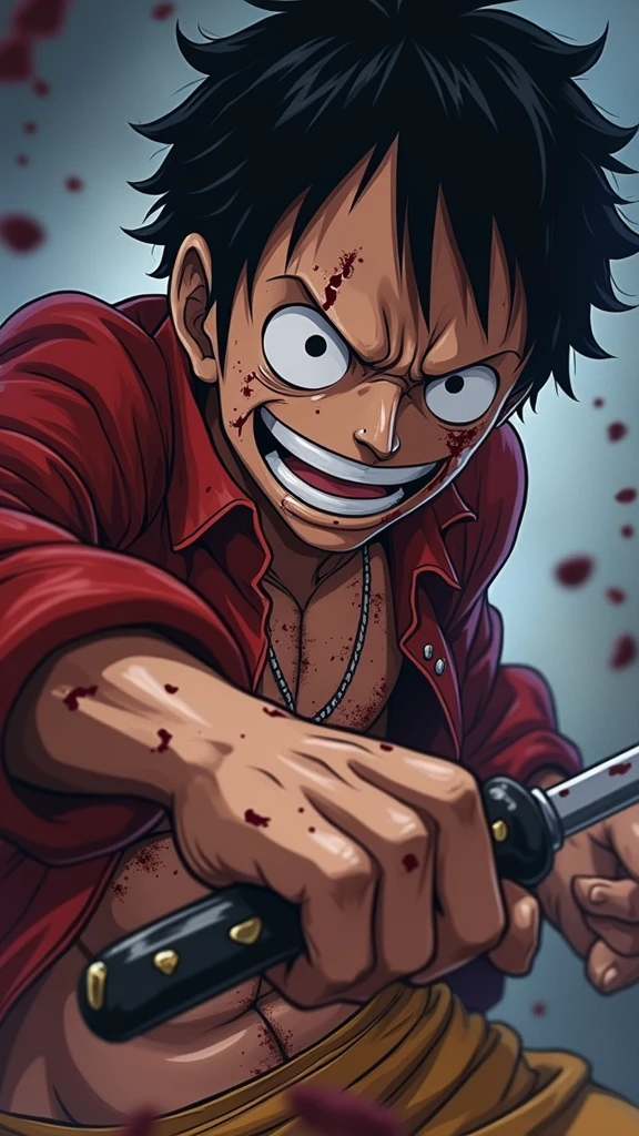 Detailed diagram of Monkey D. Luffy shows strength clown in loose posture,Cartoon character with blood and teeth on his face holding a knife, Bad guy anime 8k, Password Vein, Arucardo, Mark Brooks Details, anime concept hdr anime macmanus, Detailed digital anime art, anime Very detailed, author:Arthur Pan, Anime epic artwork, fear!! Very detailed, Very detailed angry anime face, Zombie Luffy
