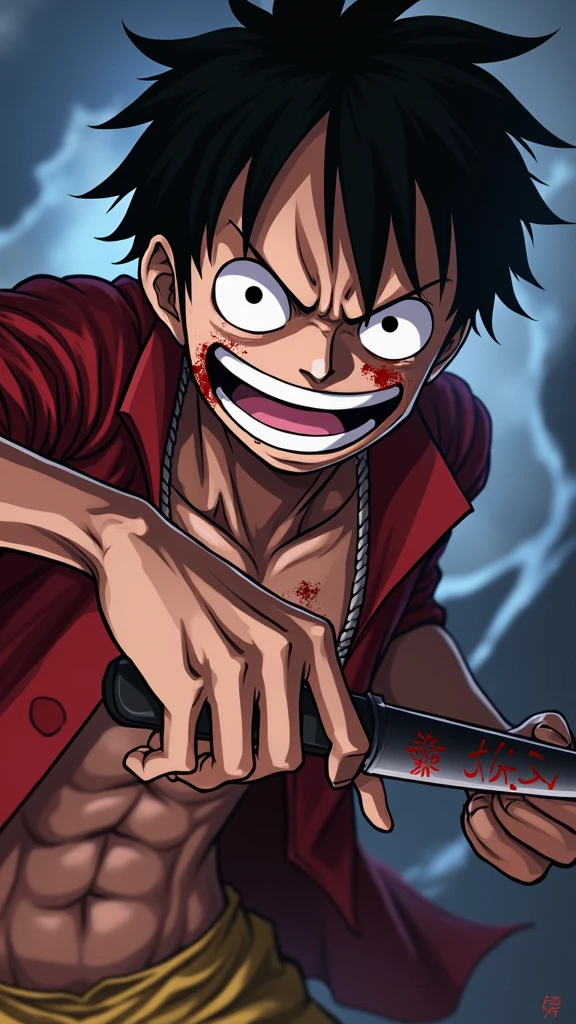 Detailed diagram of Monkey D. Luffy shows strength clown in loose posture，Cartoon character with blood and teeth on his face holding a knife, Bad guy anime 8k, Password Vein, Arucardo, Mark Brooks Details, anime concept hdr anime macmanus, Detailed digital anime art, anime Very detailed, author：Arthur Pan, Anime epic artwork, fear!! Very detailed, Very detailed angry anime face, Zombie Luffy