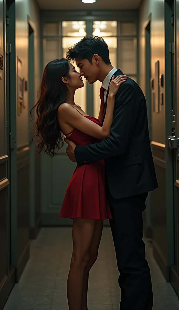 (32K:1.9, Highest quality, masterpiece, Ultra-high resolution), Perfect dynamic composition, Highly detailed skin and facial textures:1.3, Detailed eyes, Detailed limbs, (Cute sexy slim Japanese schoolgirl, Tall slim Japanese school boy), Fair skin, ((Clarity:1.1)), (Red tie blazer uniform:1.3), (Hugging a high school boy:1.0), (Cunning Smile:0.9, Totally captivates you:0.9), (beautiful Blue Eyes, beautiful, Clear Eyes:0.8), Sexy Face:0.4, blush:1.1, (beautifulエロティシズムを醸し出す味わい:0.8), Professional random camera work, Cinematic Lighting Effects, ((Full Body Shot)), ((Too erotic:0.9)) , romantic, mysterious, Object of admiration, original, dramatic, artistic, Innovative, charm, Heartful, Fancy, Tilt, sense of loss, special, exciting, Extreme, sense of openness, joy, joyの表現, ((若さのcharm, 女性的なcharm))