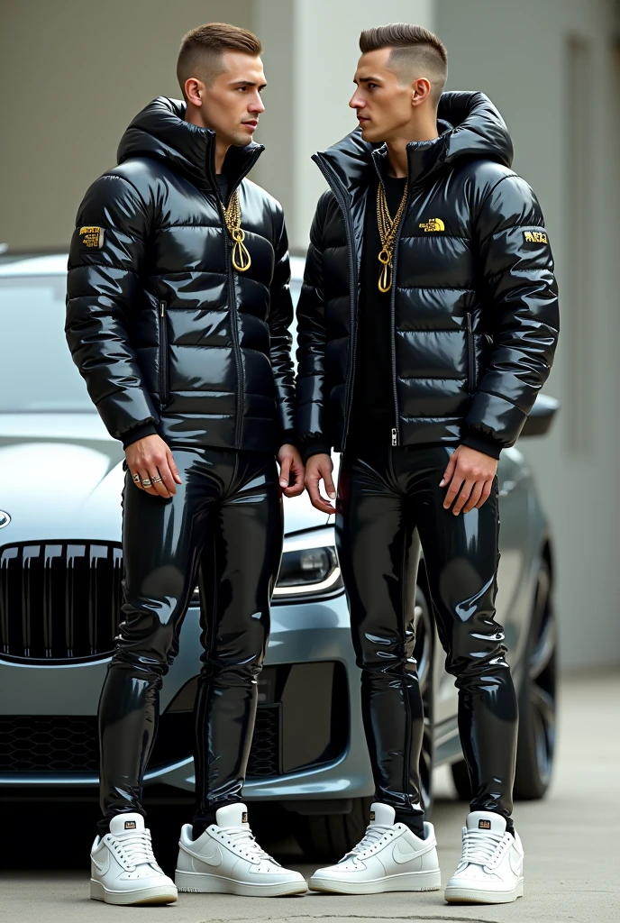 full view full body, two white guys with light-brown undercut clean shaved haircut, golden rings, wearing full length shiny skintight rubber grass with a black North Face puffer jacket blistered with air and white Nike Air Force one, waiting standing beside bmw car