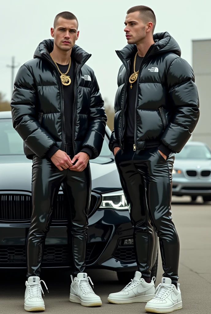 full view full body, two white guys with light-brown undercut clean shaved haircut, golden rings, wearing full length shiny skintight rubber grass with a black North Face puffer jacket blistered with air and white Nike Air Force one, waiting standing beside bmw car